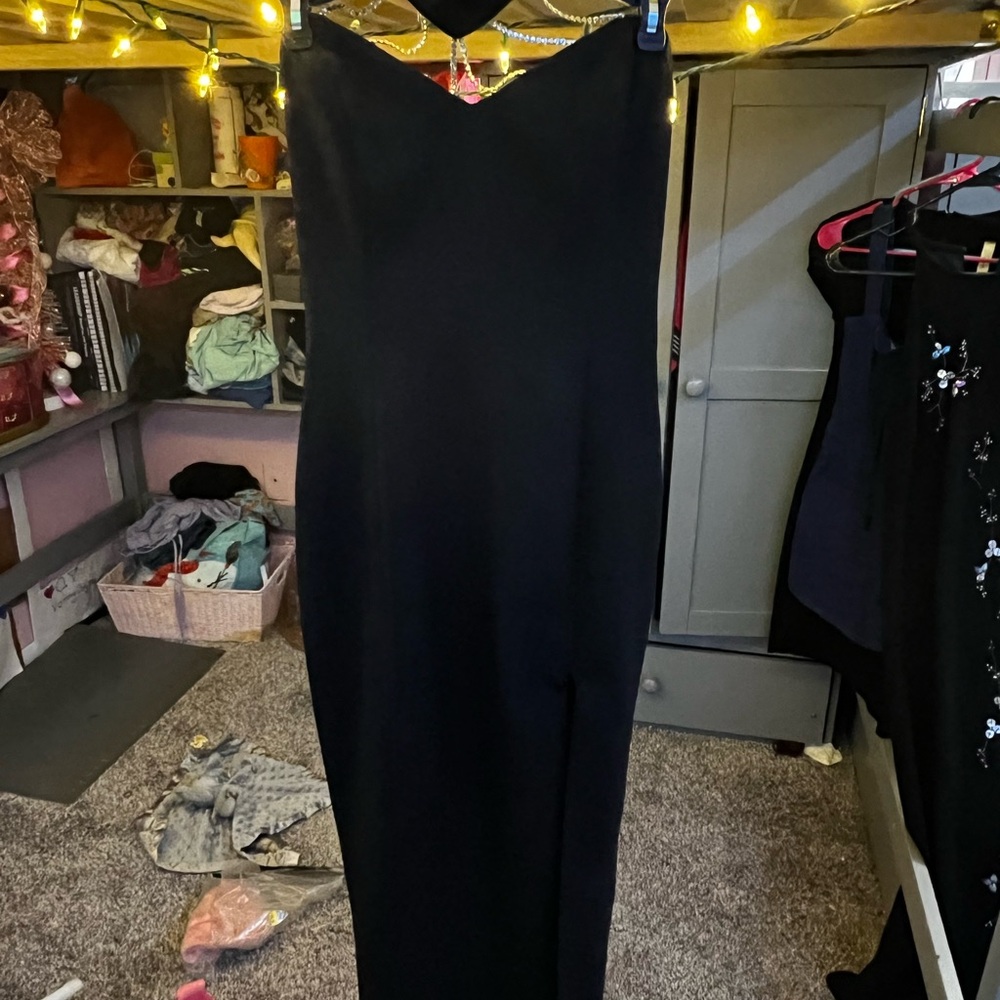 Betsy & Adam Elegant Black Backless Gown